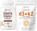 Micro Ingrediente Vitamina D3 5.000iu + K2 100mcg Softgels & Lions Mane Supliment 240 Capsule Veggie Bundle 2 Pack 