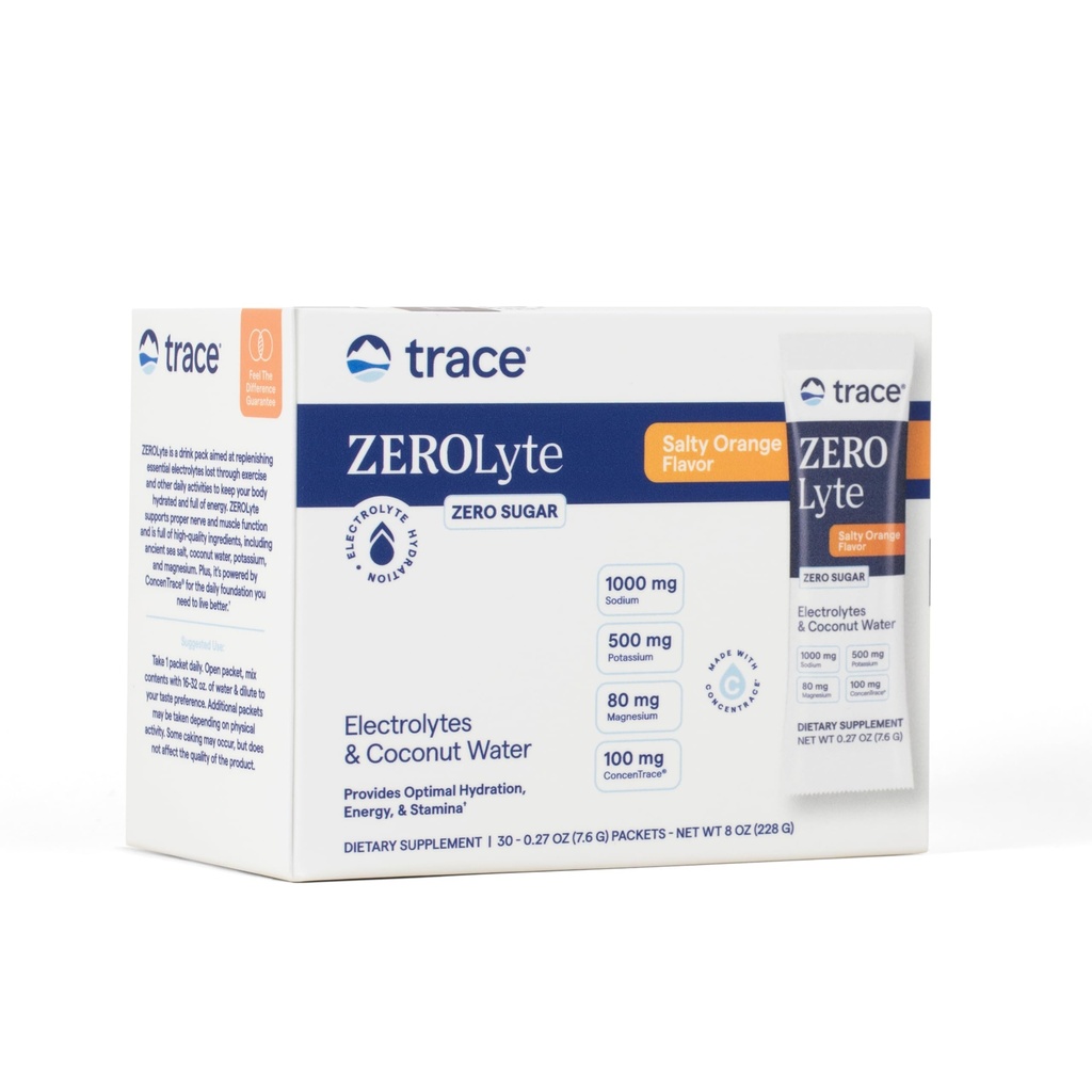 Trace Minerals ZeroLyte - Sodiu & Electrolit Replenishment - Energie și suport pentru hidratare Pulbere pentru băuturi - Suport pentru funcția nervoasă și musculară - Portocaliu sărat, 30 Pachete (30 Serviri)