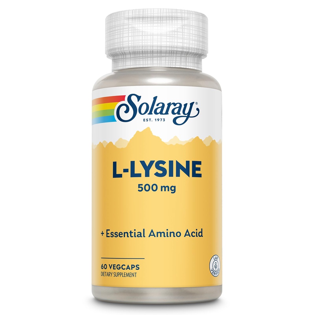 SOLARAY L L Lysine 500 mg capsule - supliment de aminoacizi esenţiali Free-Form - suport puternic de wellness cu L-Lysine Amino Acid - Lab verificat, 60 de zile de garanţie, 60 serviri, 60 VegCaps