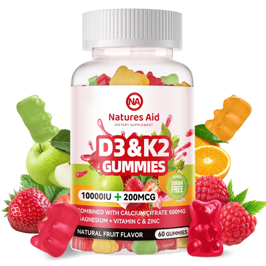 Naturi Ajutor de zahăr fără vitamina D3 K2 Gume cu calciu + K2 (MK-7), Citrat de magneziu, Vitamina C, Extra Putere - Absorbție finală pentru dinți osoase imune, Vegan - 60 gume