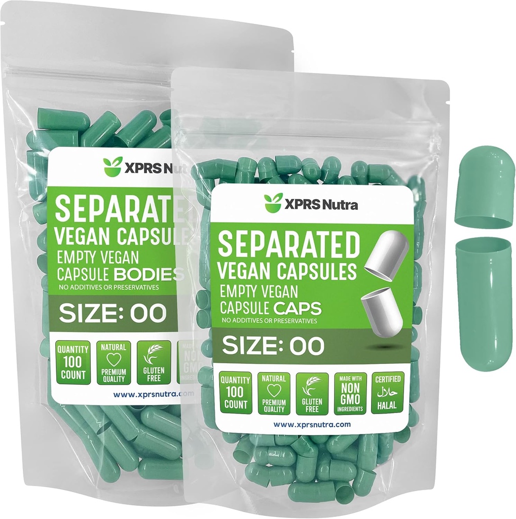 XPRS Nutra Vegan Size 00 Capsule separate - 100 capsule Premium goale separate în pungi - 00 pastile goale pentru umplere suplimentară DIY (Sage Green)