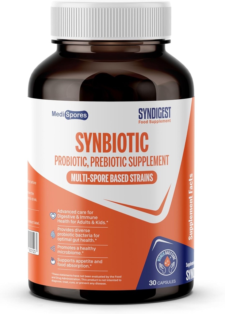 Sindigest probiotic îngrijire zilnică pentru femei și bărbați cu dublă beneficii de 5 tulpini probiotice și prebiotice, echilibru sănătatea intestinului și ameliorează constipație, călătorie prietenos, 30 capsule (2 miliarde CFU/servire)
