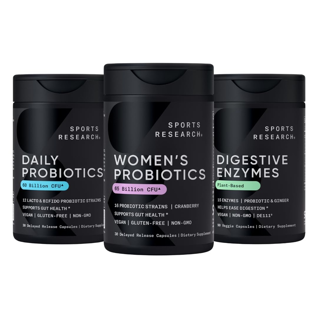 Cercetare sportivă All Vegan: Probiotice zilnice cu prebiotice (60 miliarde CFU), Enzime digestive cu Probiotice & Ginger (Plant based) & Probiotice feminine cu prebiotice (65 miliarde CFU)