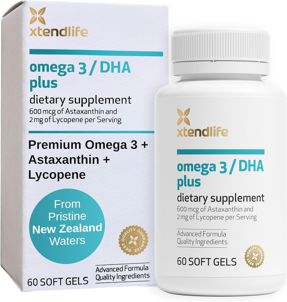 Xtendlife Omega 3 DHA Plus Ulei de pește pentru inimă, creier, ochi și sănătatea pielii - 1100mg Omega-3 cu DHA, EPA, Licopen și Astaxantină - 1 lună de aprovizionare (60 Conte)