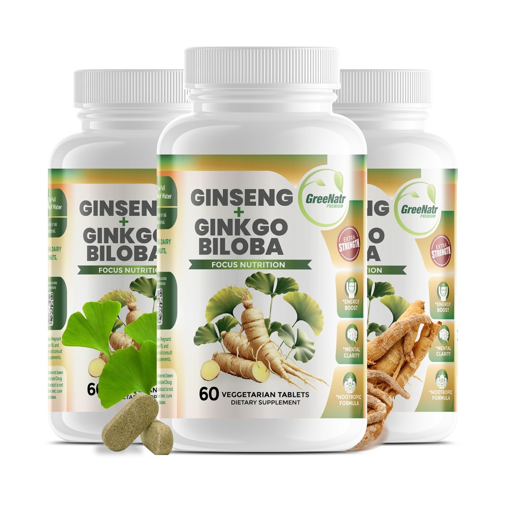 GreeNatr Ginko Biloba & Panax Ginseng Supliment - Red Ginseng Creier Supliment pentru memorie și concentrare - Ginkgo Biloba Suplimente pentru o bună viziune, sistem imunitar și îmbunătățirea fluxului sanguin - 3 sticle