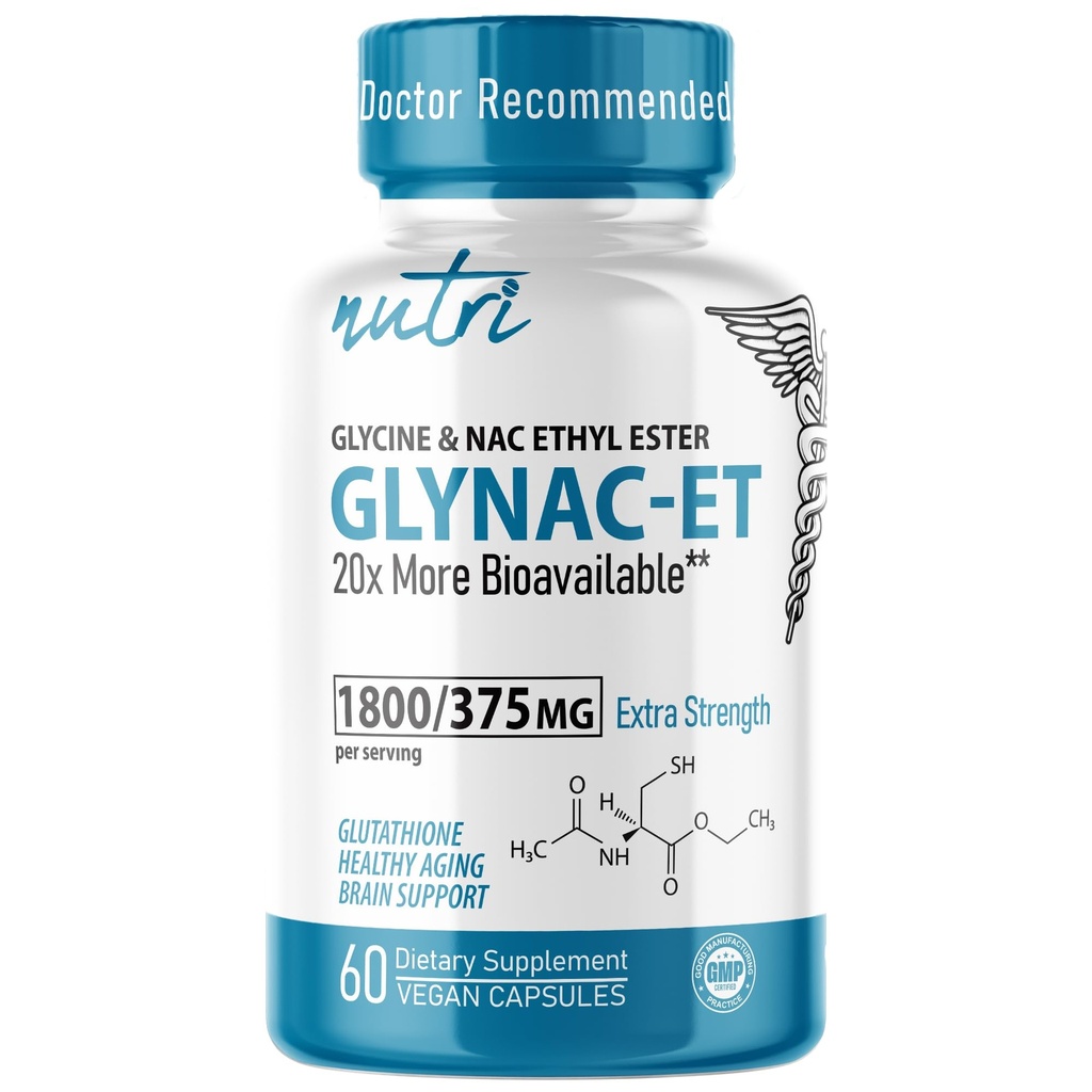 Nutri NAC Etil Ester + Glicină - Extra Putere 375 mg - NACET cu seleniu - 80% Biodisponibilitatea - N-Acetilcisteină - Supliment anti-aging, Boost Glutatione - 60 Capsule - 3rd Parte testat