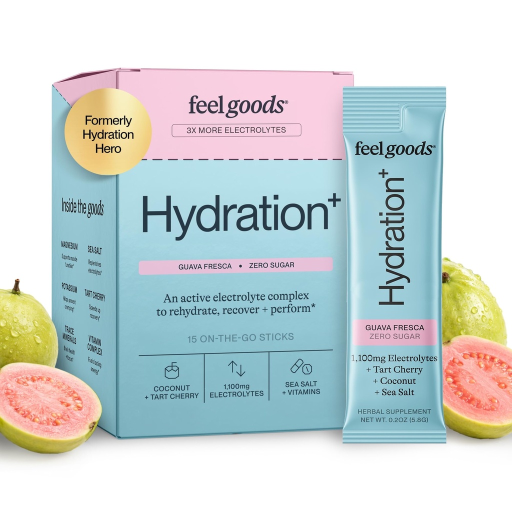 Feel Goods Hydration Hero, 1000mg Electrolytes Powder, Sugar Free, Magneziu, Apa organica de nuca de cocos, L Theanine, Vitamina C & B12, Non GOM, Keto, Vegan, Electrolyte Packets 