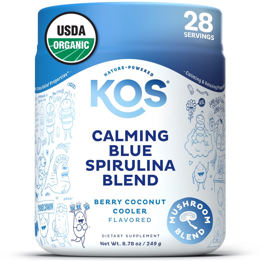 KOS Calmant Blue Spirulina Blend- USDA Certified Organic - Algae Superfood Powder cu Ashwagandha Root, Lemon Balm, Reishi Mushroom, B Vitamine - Berry Cooconut Cooler Aroma, 28 Serviri