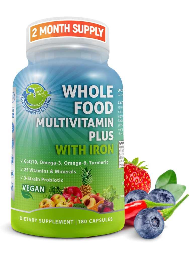 Vegan Whole Food Daily Multivitamine cu fier, Multivitamine metilizate pentru femei si barbati, Made with Fruits & Legume, B-complex, Probiotice, Enzime, CoQ10, Omegas, Turmeric, Non-GMO, 180 Count