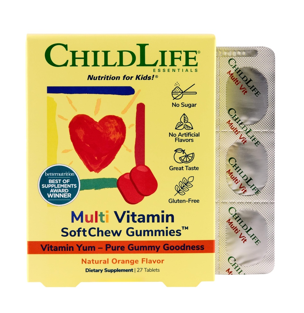 CHILDLIFE ESENȚIALE Copii Multivitamine SoftChew Gummies - Vitamine pentru copii, Multivitamine pentru copii, Gumii multivitamine, Vitamine pentru copii, Vitamine pentru copii mici, Vitamine Chewable pentru copii, Sugar Free - Portocaliu natural, 27 comprimate