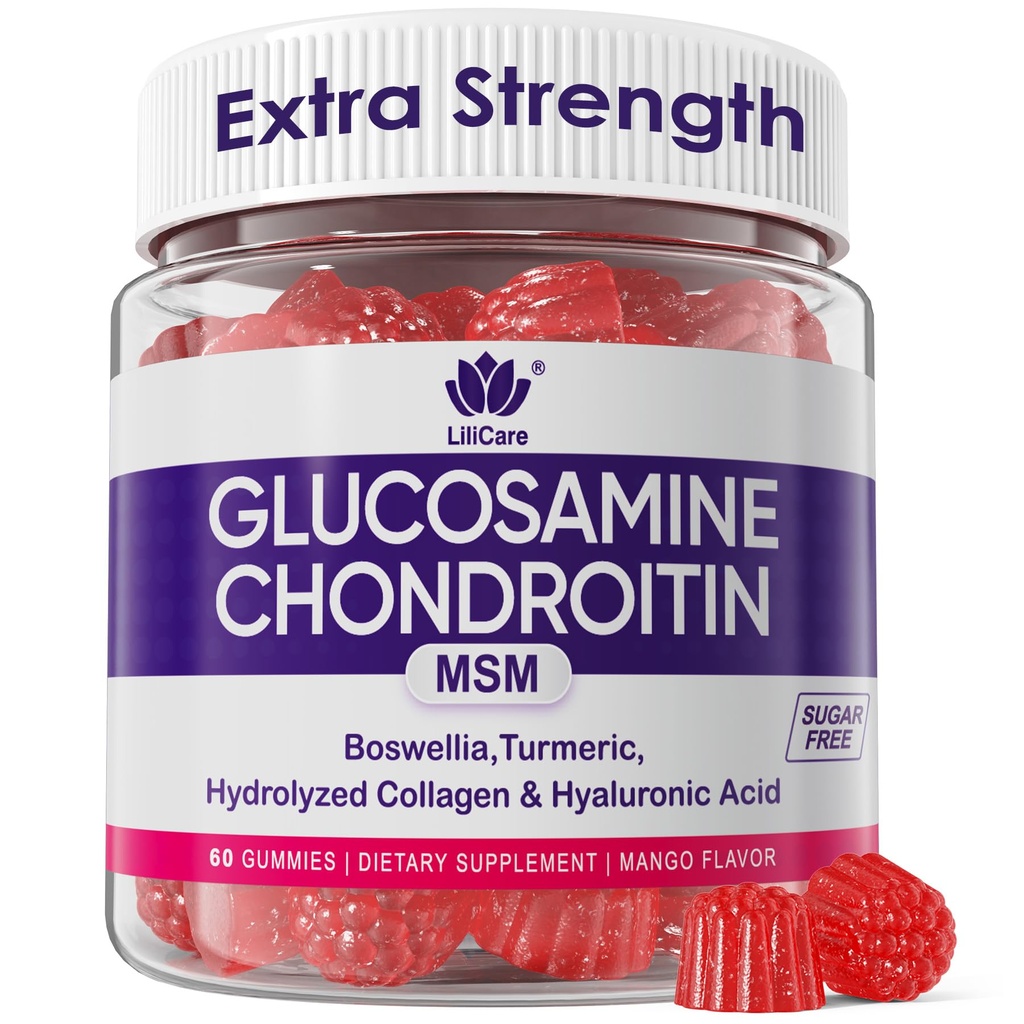 Glucosamină Chondroitin Gummies, Glucozamină Chondroitin MSM Supliment, Extra Putere cu Boswellia Turmeric, Hidrolyzed Colagen & Acid hialuronic, Sănătate osoasă pentru bărbați și femei, 60 Cts