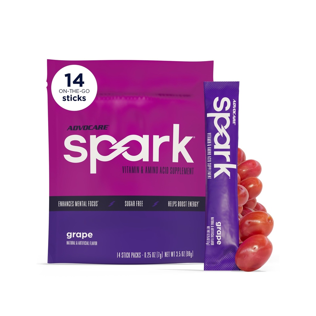 AdvoCare Spark Vitamina & Amino Acid Supliment - Focus & Energy Drink pulbere Mix cu vitamina A, B-6, C & E - Include, de asemenea, L-Carnitina & L-Tyrosine - Struguri, 14 Stick Packs