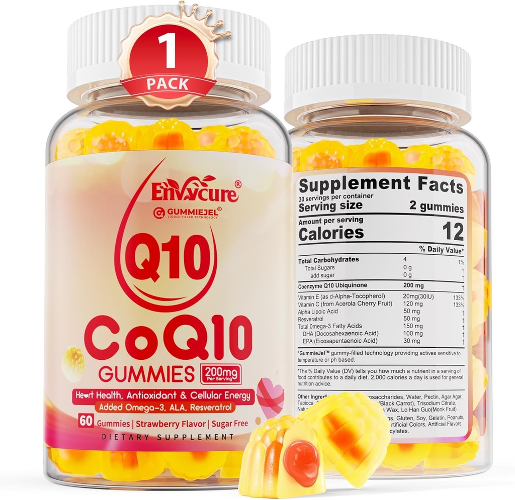 Sugar Free CoQ10 200mg Umpled Gummies, 5X Better Absorbtion CoQ10 w/Resveratrol, Alpha Lipoic Acid, Omega-3, Vitamina E, C, Coenzime Q10 pentru Cellular Energy, Heart, Brain, and Antioxidant (1Pack)