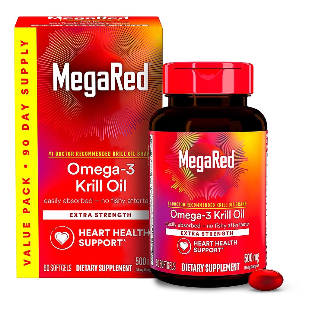 MegaRed Antarctica Krill ulei 500mg Omega 3 Fatty acid Supliment, Extra Putere EPA & DHA Krill ulei Softgels (90cnt Box), Astaxanthin, Heart Health Supplement with No Fish Oil Afterhase
