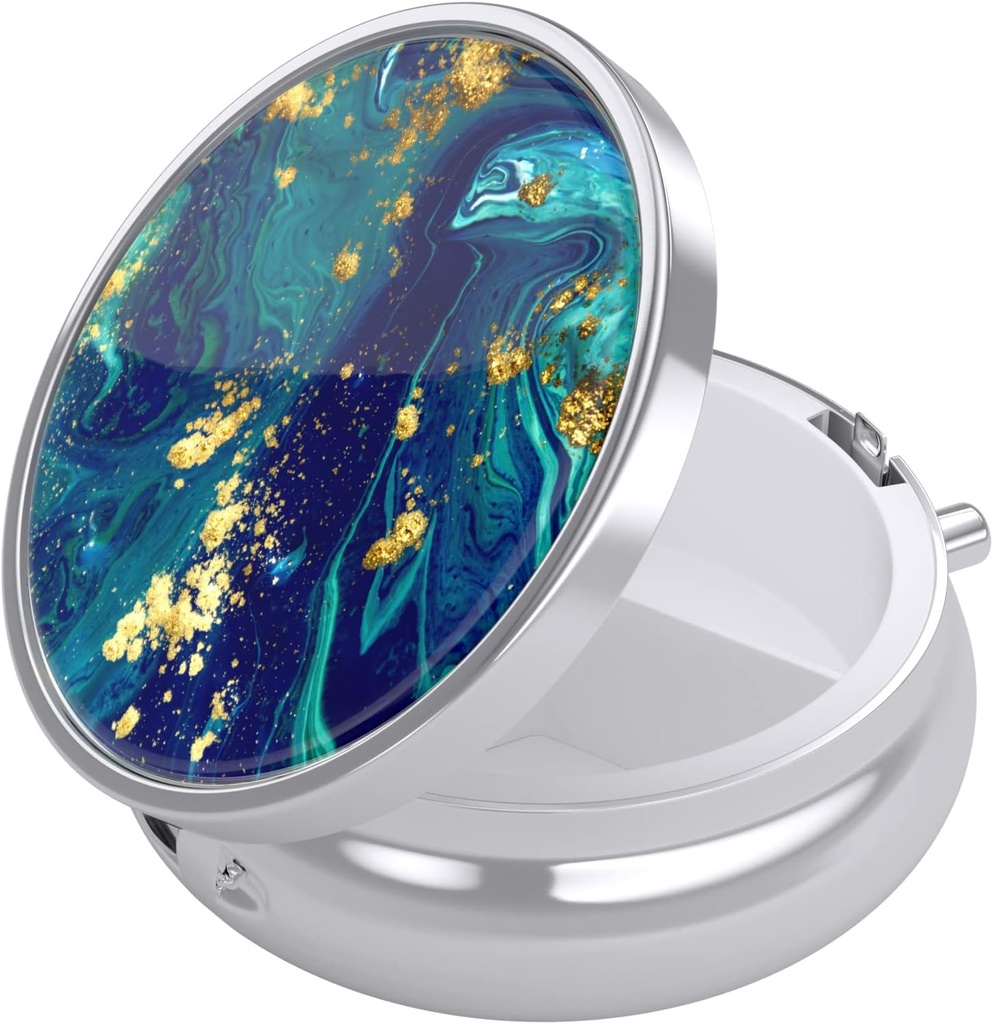 Nipichsha Pill Box, mini caz Pilula pentru Purse & Pocket, Cute Travel Medicine Organizator, Portable Medicine Container Holder to Hold Vitamine, Medicamente, Ulei de pește și Suplimente, Teal Gold Marble
