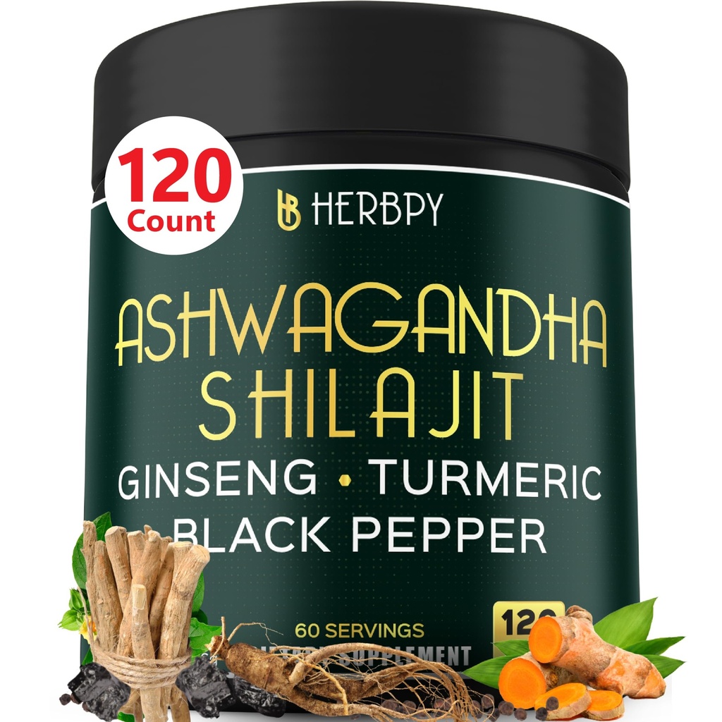 5in1 Ashwagandha Putere suplimentara cu Shilajit pentru rezistenta, suport energie si relaxare - Plus Ginseng, Root Turmeric & Black Pepper - 120 Conte