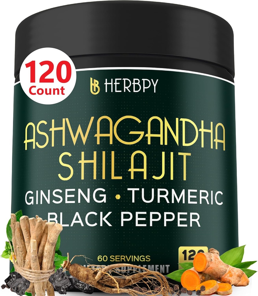 5in1 Ashwagandha Putere suplimentara cu Shilajit pentru rezistenta, suport energie si relaxare - Plus Ginseng, Root Turmeric & Black Pepper - 120 Conte