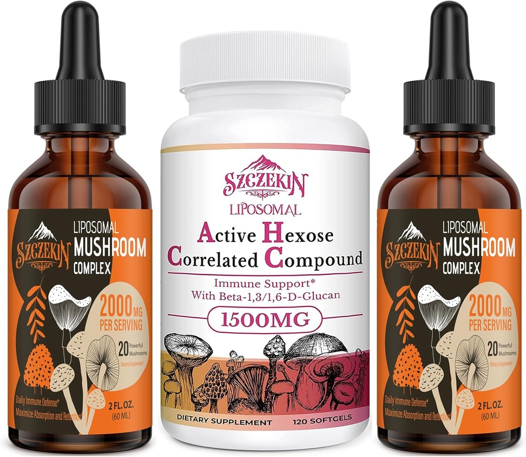 1500 MG Liposomal Active Hexose Supliment legat de Cor 120 SoftGels Bundle cu 2000 MG Liposomal Mushroom Complex Drops 60 Servings