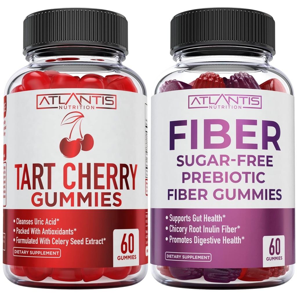 Atlantis Nutrition Tart Cherry 60 Gumries + Sugar Free Prebiotic Fiber Gummies pentru adulți 2-Pack (120 Gummies)