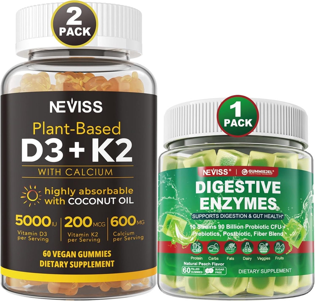 NEVASS Vitamina D3 5000iu & K2, Gume de calciu și enzime digestive Gume