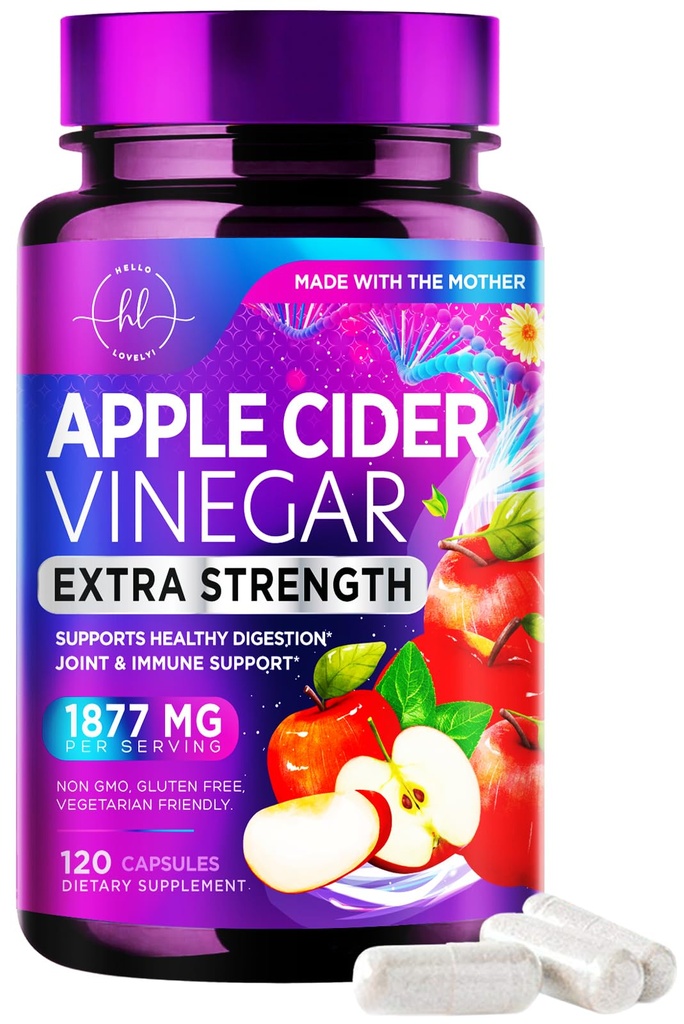 Capsule de Oţet de Oţet de mere 1877 mg - ACV cu concentraţie suplimentară Pastile cu vitamina D3 & Zinc - Pastile de otet de mere Supliment pentru Digestie, Energie si Suport Imun, Non-GMO, Stickd in USA - 120 Capsule