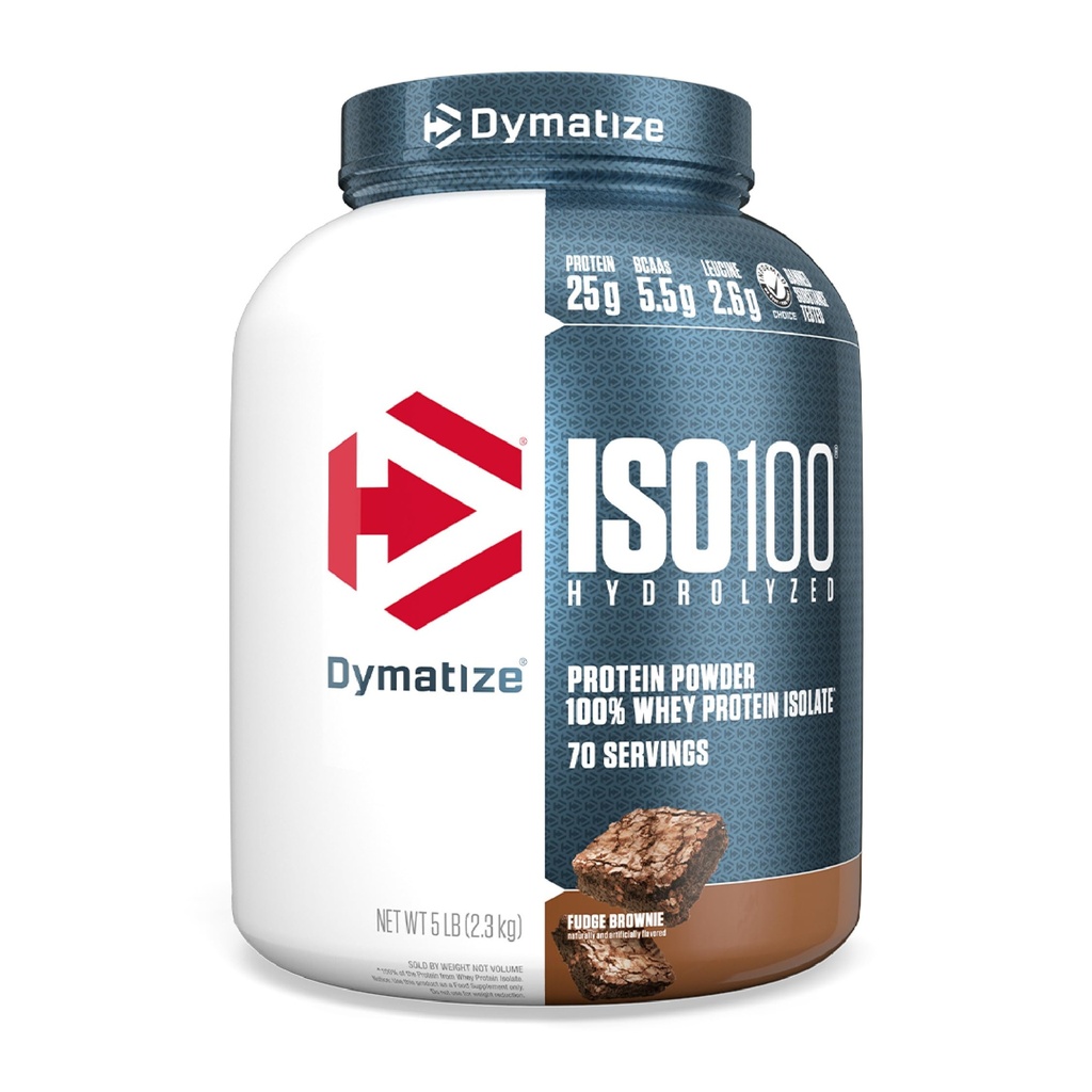 Dymatize ISO100 Whey Pulbere de proteine Izolat, Fudge Brownie, 25g de proteine, 5 lire, 5,5g BCAAs, mai puțin de 120 Cal., Gluten gratuit, 1g grăsime, 1g zahăr, 2g Carb (70 Servings)