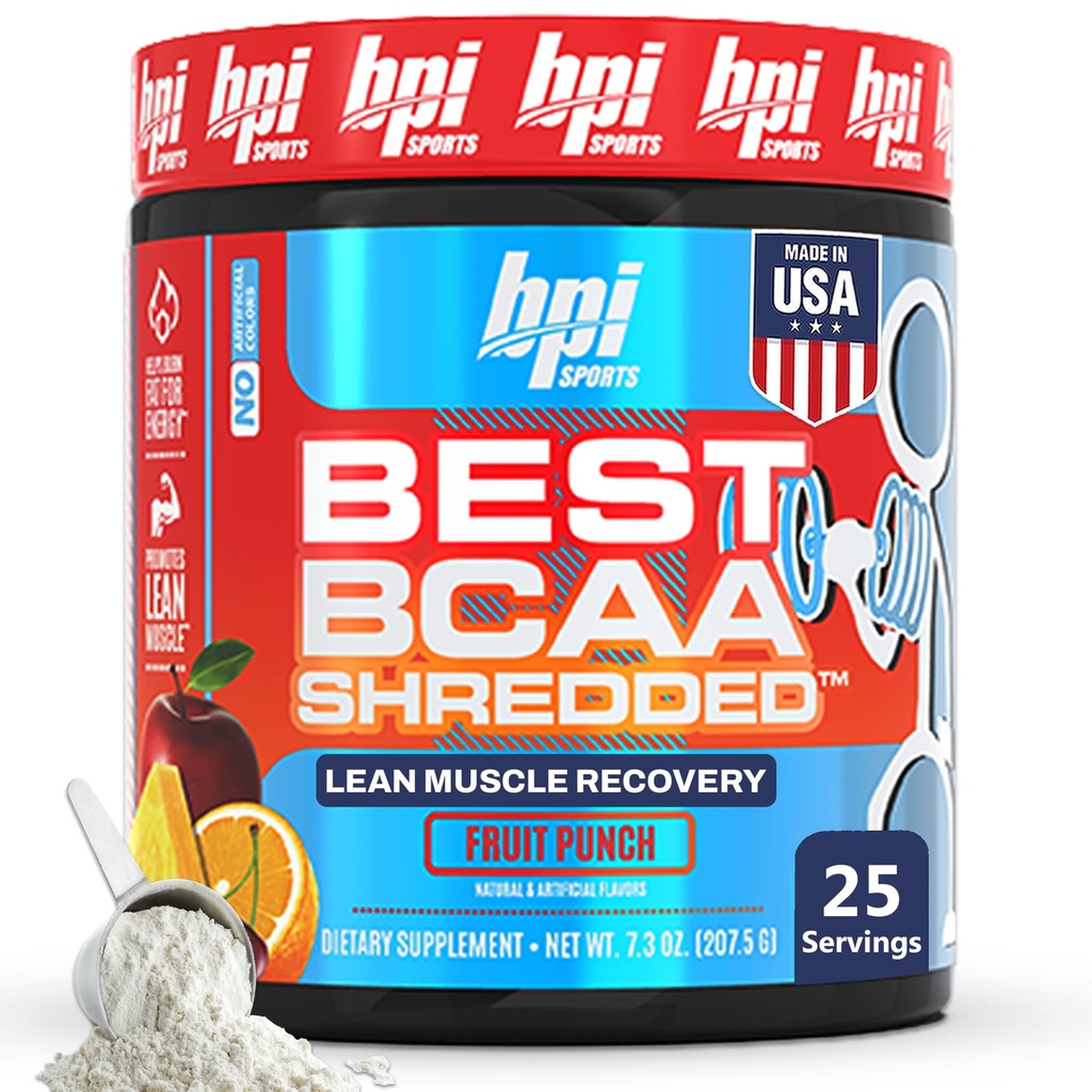 BPI Sport Cel mai bun BCAA Shreded - Caffeine Free Thermogen Recovery Drink, Lean Muscle Building BCAA Powder pentru femei și bărbați, Preworkout BCAAs Amino Acids Drink- Fruit Punch - 25 Servings