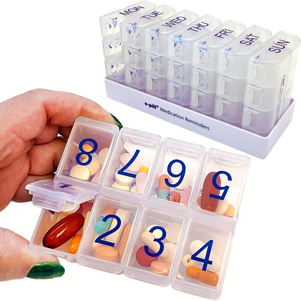 E-Pill 8 ori pe zi x 7 zi mare organizator de pastile săptămânale, vitamina, și cutie de medicamente (Clear)