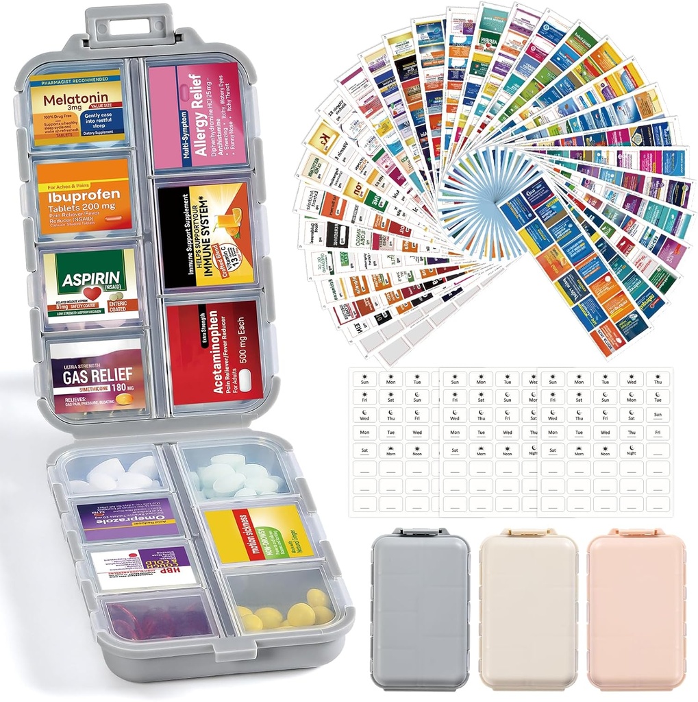 3 Pack 14 Grids Travel Pill Organizator Box cu 415-Pcs Medicamente Nume Etichete - Pocket Daily Pharmacy Case Kit - Deținătorul de medicamente de călătorie Dispenser pentru ulei de pește supliment de stocare vitamine