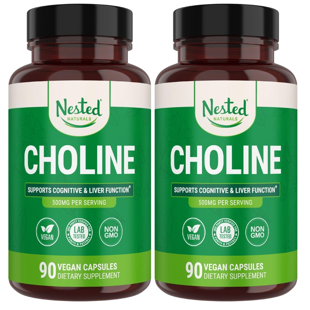 Naturals Nested Choline Bitartrate 500mg - Suplimente coline de mare potenta - Suporturi Sanatate materna si fetala in timpul sarcinii * - 100% Vegan & Non-GMO - 2-Pack (180 capsule Vegane)