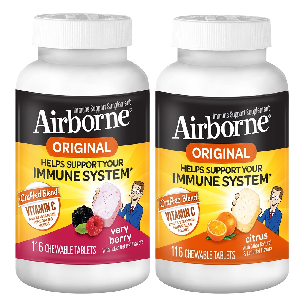Comprimatele de vitamina C masticabile Airborne 1000mg Citrus & Very Berry Flavor Bundle - Suplimentul de suport imun cu zinc și vitamine antioxidante puternice A C & E, (2x116ct sticle) *
