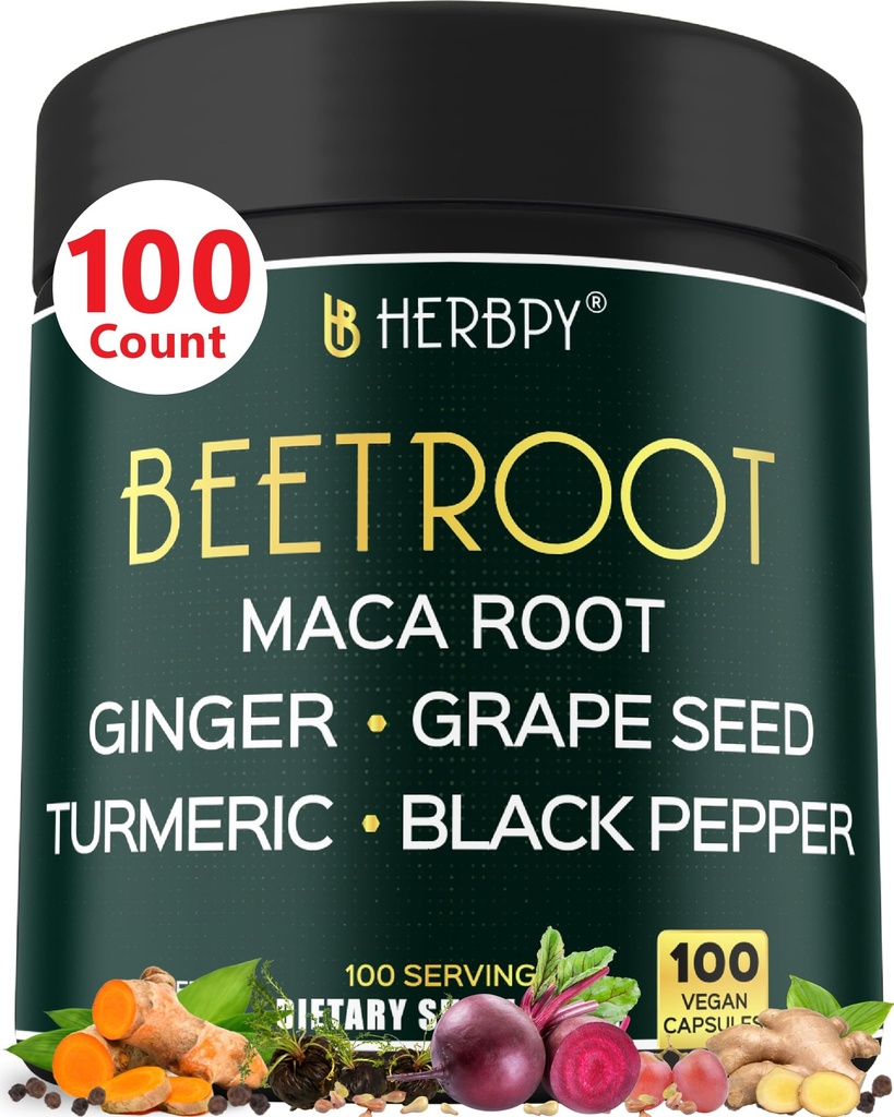 6in1 Beetroot Supliment cu rădăcină Maca, semințe de struguri, ghimbir, Turmeric și Pepper negru pentru sănătate cardiacă și suport imunitar - 100 capsule Vegan