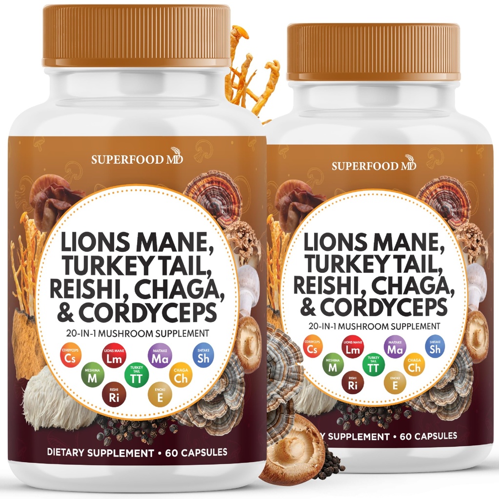 Lions Mane Mushroom Supliment cu Turcia Coada Reishi Cordyceps Chaga cu rădăcină de marshmallow - 120 Conte