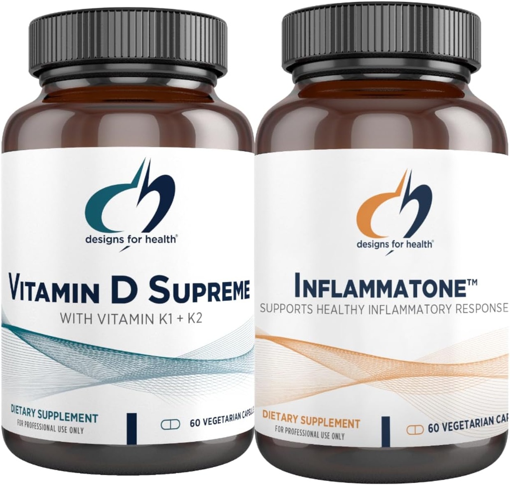 Design-uri pentru sănătate Vitamina D Supreme + Inflammatone Bundle - Vitamina D3 5000 UI + 2000mcg Vitamina K cu un amestec botanic enzimatic pentru a promova răspuns inflamator sănătos - 2 produse