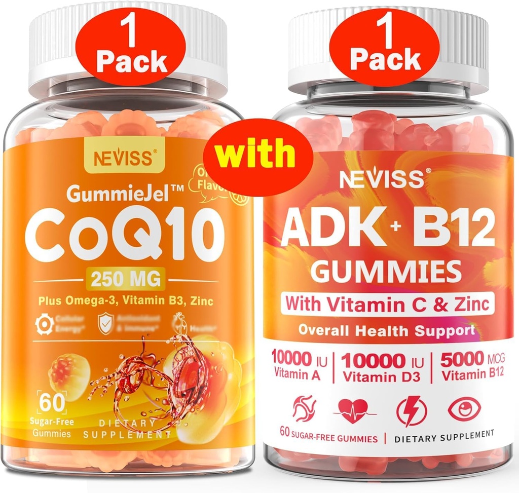 NEISS 1Pack CoQ10-250 mg Gume umplute + 1Pack Vitamina ADK cu B12 Gumies