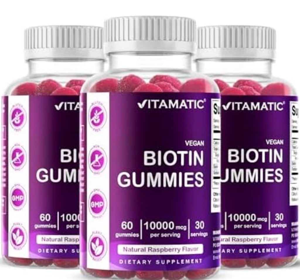 Vitamatic Biotin Gummies 10.000 mcg pentru parul mai puternic, piele si unghii - 60 Vegan Gummies - De asemenea, numit vitamina B7 (3 sticle)