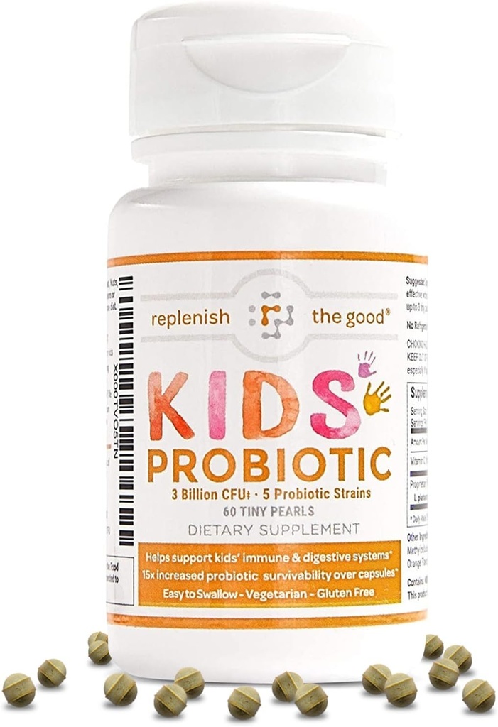 Copii Vegan Probiotice, 60 Perle Tiny - Recuperare antibiotice - Ajuta la sustinerea sistemului imunitar si digestiv al copiilor - 15x mai eficient decat gumiile - Sugar Free, Usor de inghitit