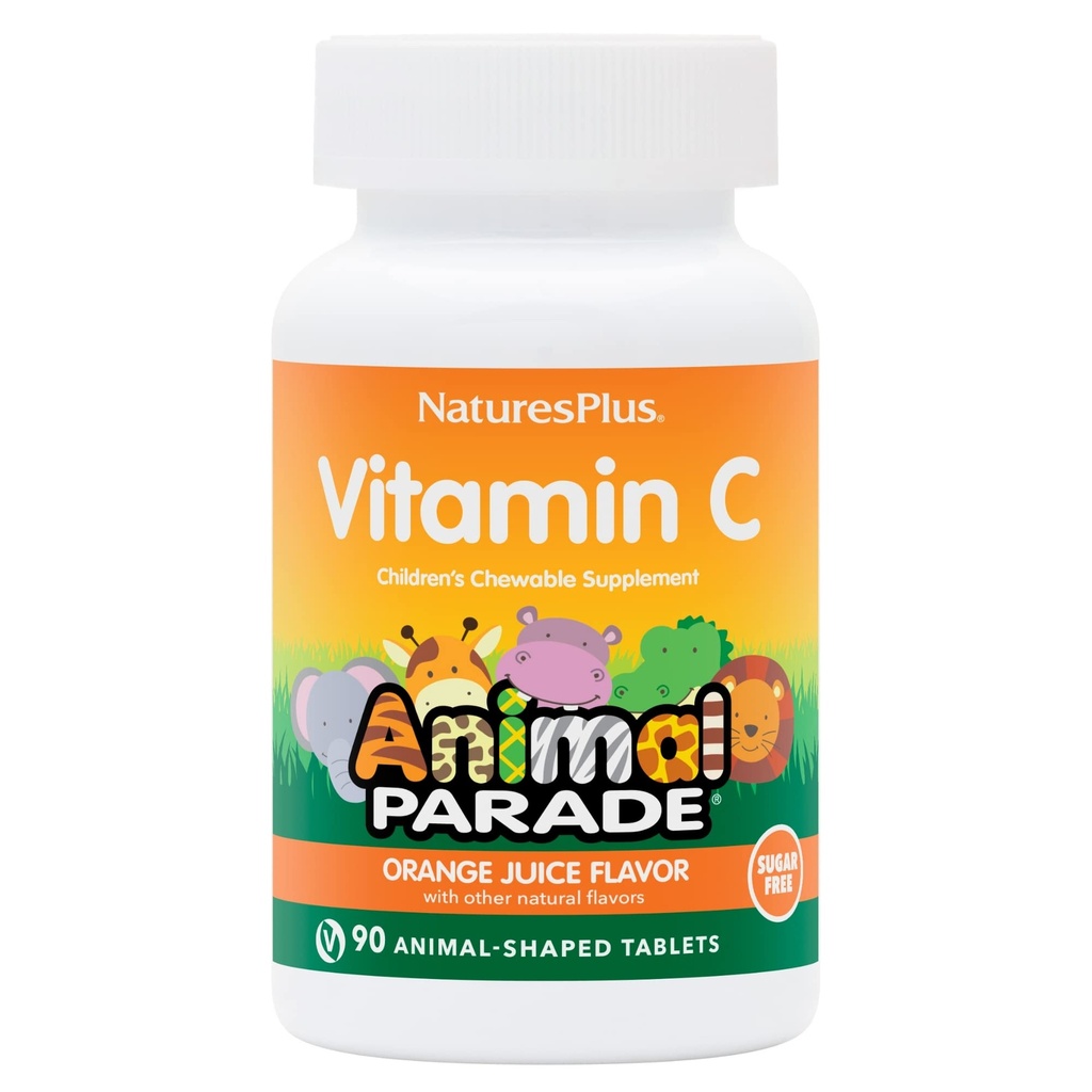 Naturale Plus Parada Animalelor Vitamina C pentru copii fără zahăr, aroma naturală de portocale suc - 90 Tablete modelate pentru animale - Suport imun - Gluten gratuit - 45 Serviri