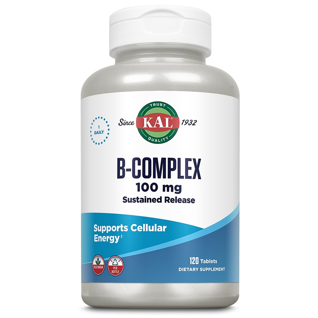 Complex KAL B-100 - Complex de vitamina B cu eliberare sustinuta - Suport energetic sanatos cu suport natural si acoperire mentolata proaspata - Vegetarian - 60 zile Garantie - 120 serviri, 120 tablete