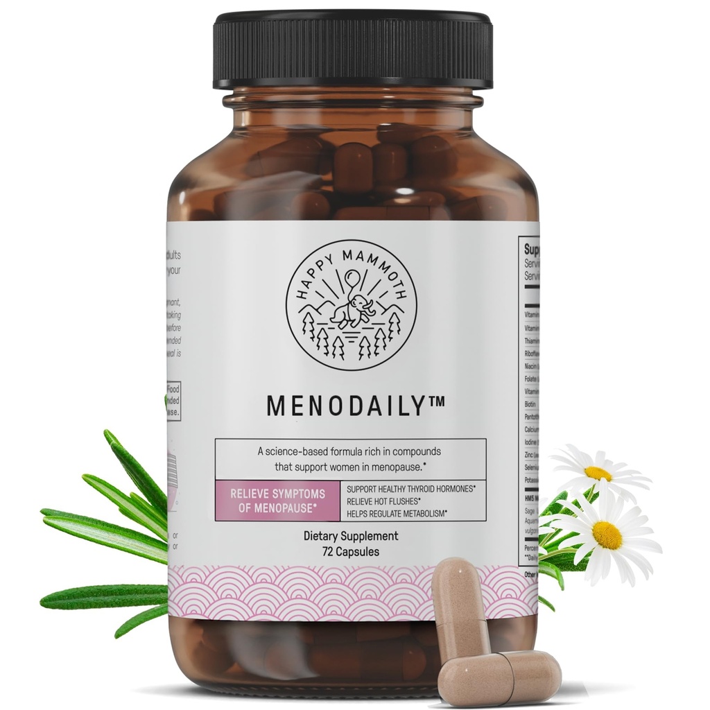 Happy Mammoth Meno Daily Menopause Vitamine & Suplimente pentru femei (*Nu Hormone Harmony), Boost Metabolism, Sanatoasa Piele, Par si Nails, Hot Flash, Mood Support, 72 Capace