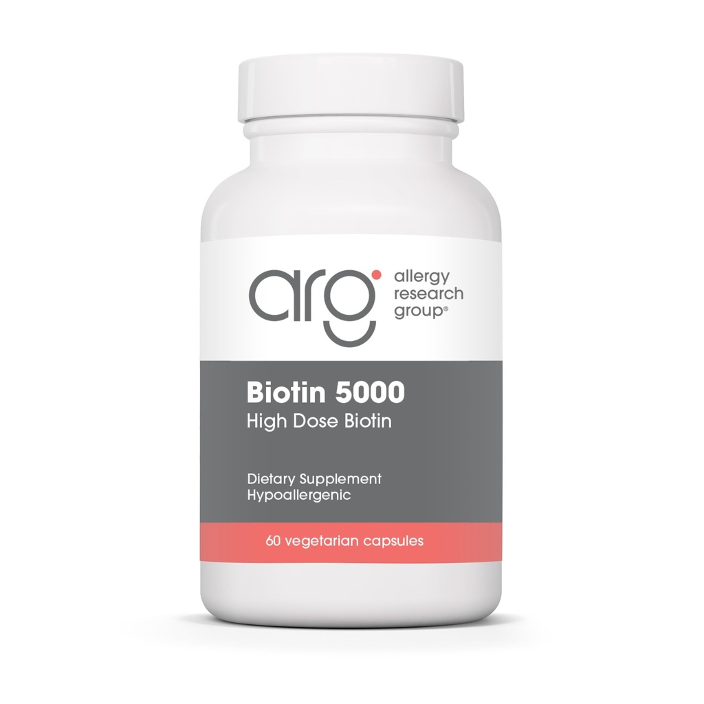 Grupul de cercetare pentru alergii Biotin 5000 Supliment - 5000mcg Biotină, Vitamine pentru păr, piele și unghii, doză mare, Capsule vegetariene, Hipoalergice, Gluten gratuit - 60 Număr