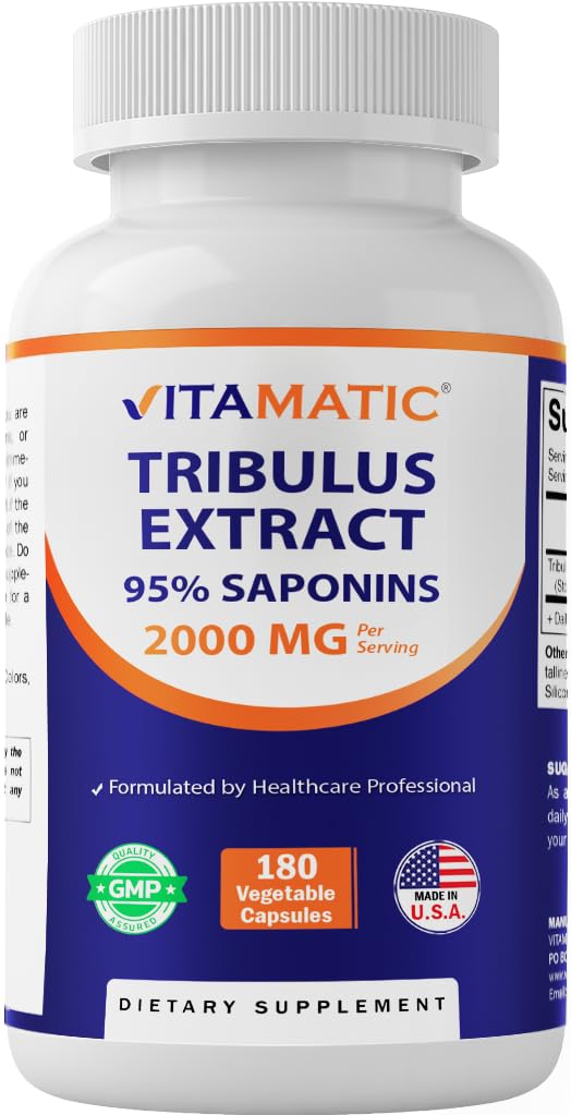 Vitamatic Tribulus Terrestris for Men - 2000 mg per Serving - 95% Saponine - 180 Capsule vegetale - Made in The USA - Gluten Free & Non-GMO