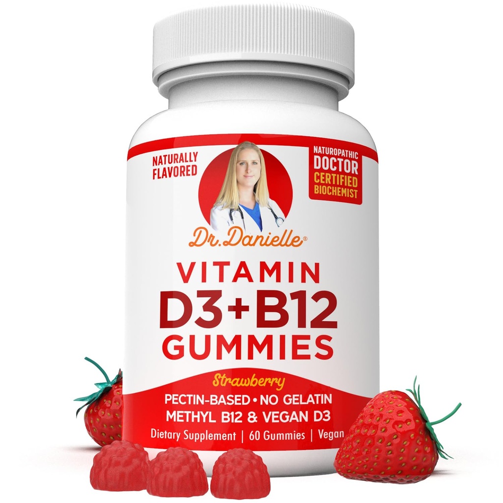Vitamina D3, B12 Gumiile de Dr. Danielle, Suplimentul zilnic Vegan pentru adulți și copii, Non-GMO, Vitamina D3 1000 UI & 250 mcg Vitamina B12, 2 lună de aprovizionare (60 Gummies)
