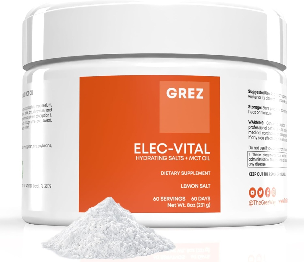GREZ ELEC-Vital Electrolits Powder No Sugar - Hydration Powder, Keto Electrolytes No Sugar - Complete Mineral Support, Sodiu, Potasiu, Magneziu, Zinc - 60 Servings