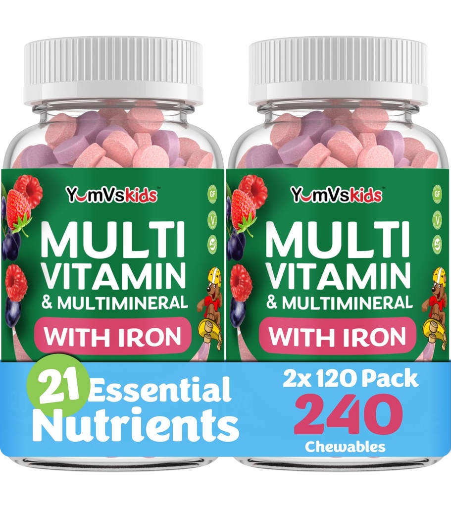 YUM-V'S Kids Multivitamine cu fier - Copii Multivitamine masticabile - Vitamine + Supliment de fier - Vitamine pentru copii mici pentru 2 ani+, Kosher, Halal, Gluten gratuit 120 (Pachet de 2