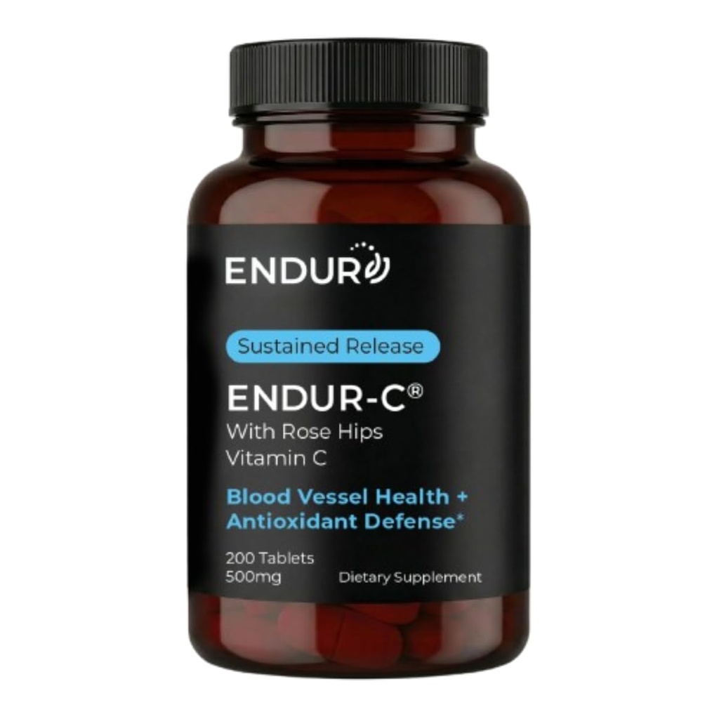Endur ENDUR-C Vitamina C cu Rose HIPS, sprijină producția de colagen, protecție antioxidantă și digestia blândă, gluten gratuit, 500 mg (200 comprimate)