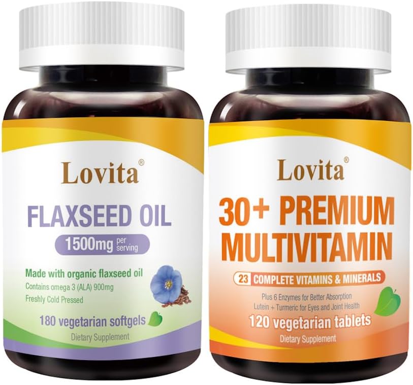 Lovita ulei de semințe de in presat la rece și multivitamine premium pentru adulți 30+ Nutrients Bundle (Vegetarian)
