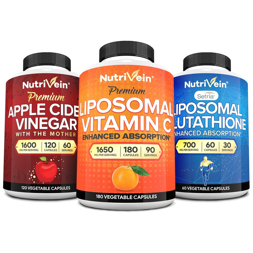 Nutrivein Premium Liposomal Glutatione, Apple Cidru Otet capsule, & Vitamina C supliment Bundle: vitamina C, capsule ACV, & Glutatione Supliment Bundle pentru apărare celulară & detox