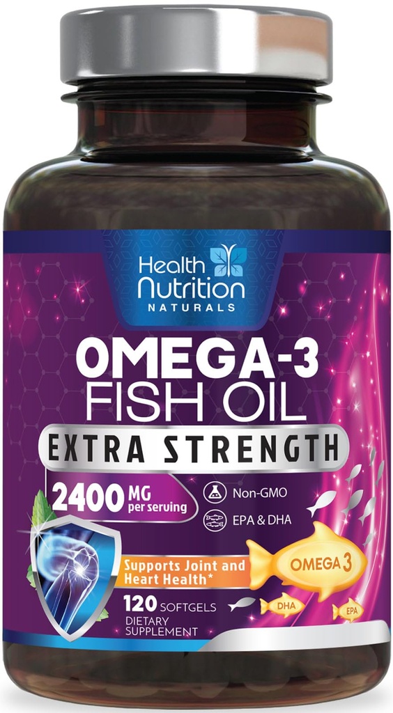 Omega 3 Fish Oil 2400 mg - Triple Putere Omega3, EPA & DHA Fatty Acids Supliment - Suport natural pentru imun, inima si sanatatea creierului - Wild Caught, Non-GMO, Lemon Flavor, Burpless - 120 Softgels
