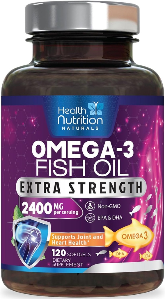 Omega 3 Fish Oil 2400 mg - Triple Putere Omega3, EPA & DHA Fatty Acids Supliment - Suport natural pentru imun, inima si sanatatea creierului - Wild Caught, Non-GMO, Lemon Flavor, Burpless - 120 Softgels